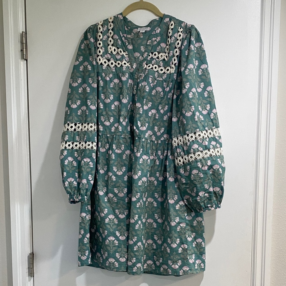 Mud Pie Floral Patterned Dress in Green and Pink with Embroidered Detailing